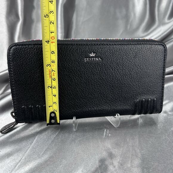 J. Estina Zip Aound Wallet Black Rainbow Accordion 12 Card Slots Pebbled Leather - Picture 12 of 17